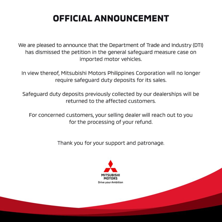 Mitsubishi Motors PH drops safeguard, contact customers for refund image
