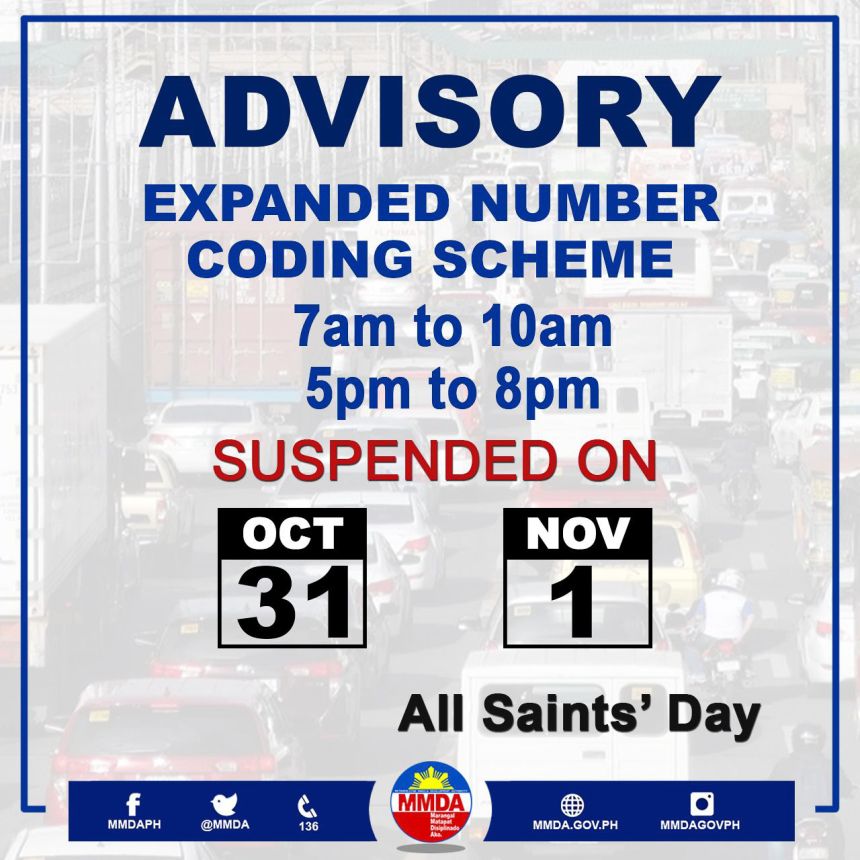 Number coding suspended from Oct 31 to Nov 1 – MMDA Number coding suspended from Oct 31 to Nov 1 – MMDA image