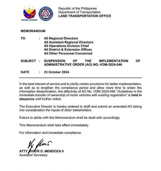 UPDATE: LTO suspends order on Immediate Transfer of Ownership UPDATE: LTO suspends order on Immediate Transfer of Ownership image