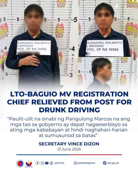 DOTr fires LTO Baguio MV registration chief for drunk driving DOTr fires LTO Baguio MV registration chief for drunk driving image
