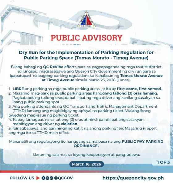 Quezon City LGU to implement new public parking rules on Morato, Timog Avenue Quezon City LGU to implement new public parking rules on Morato, Timog Avenue image