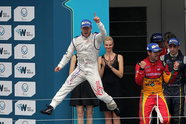 Sam Bird celebrates his win at the Putrajaya Formula E Grand Prix