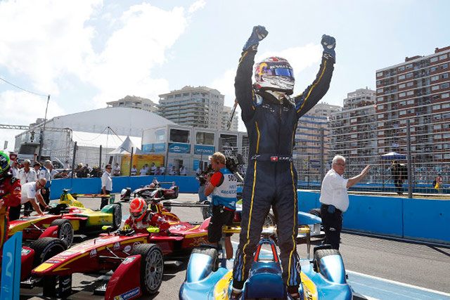 Sebastien Buemi celebrates his win during the third round of the 2014 Formula E season