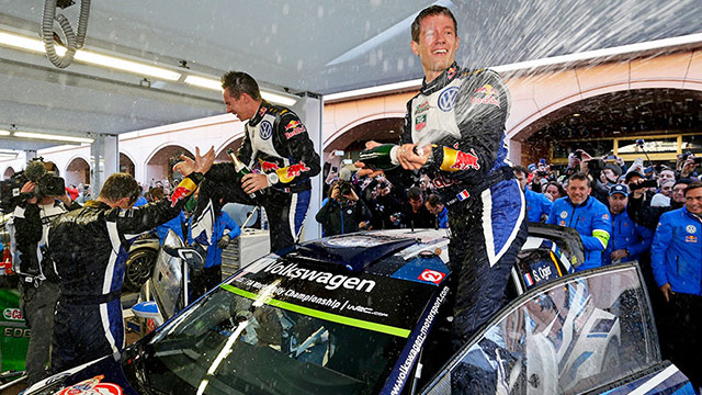 Volkswagen's S&eacute;bastien Ogier/Julien Ingrassia celebrates as they finished ahead of the pack with a total time of 3 hours 36 minutes and 40.2 seconds
