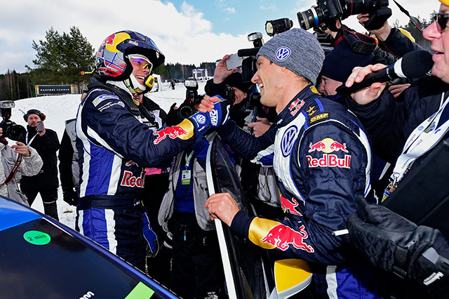 Andreas Mikkelsen congratulates his teammate Sebastien Ogier after a thrilling finale in Sweden