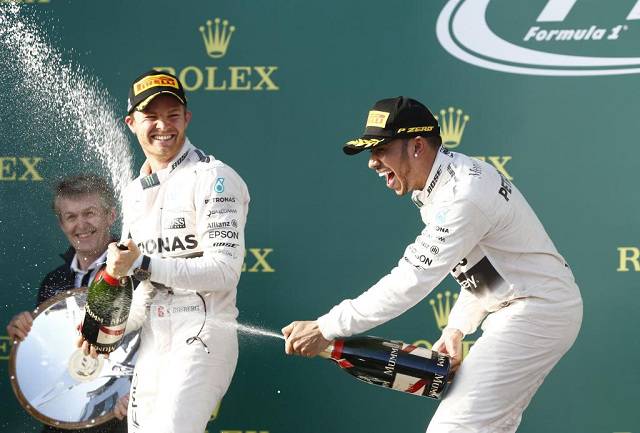 Hamilton and Rosberg celebrating their victory
