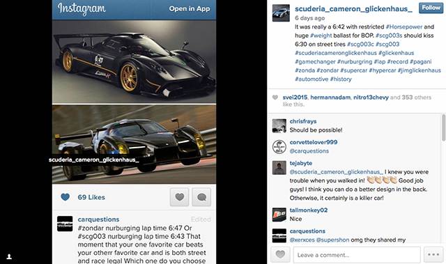 The Instagram post of Scuderia Cameron Glickenhaus