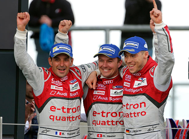 Audi's Marcel Fassler, Benoit Treluyer and Andre Lotterer