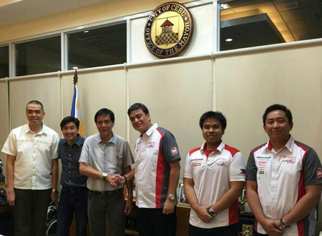 The 2015 Vios Cup team led by First Vice President for Marketing, Mr. Raymond Rodriguez (R) visits Cebu City Mayor Michael Rama (L) in preparation for Race 2 of the 2015 Vios Cup to be held at the South Road Property in Cebu City