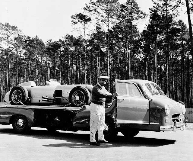Fangio and a Mercedes-Benz Formula One car