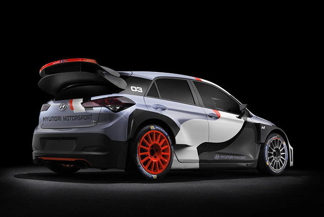 Rear of the 2016 Hyundai i20 WRC rally car