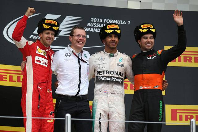 Hamilton, Vettel and Perez at the Russian podium in Sochi