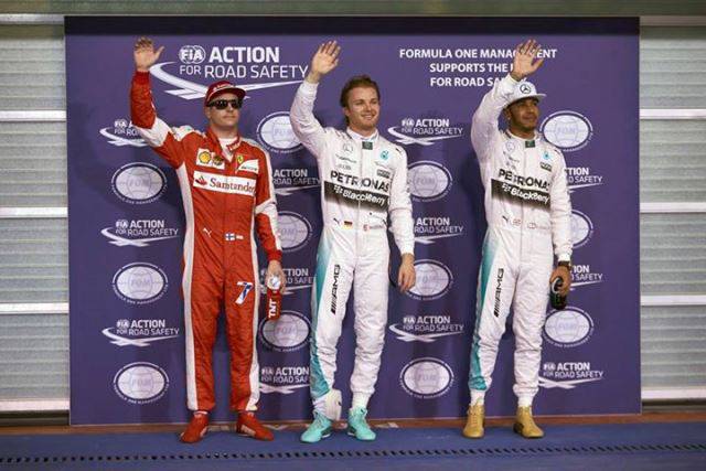 Ferrari's Kimi Raikkonen, Mercedes' Nico Rosberg and Lewis Hamilton
