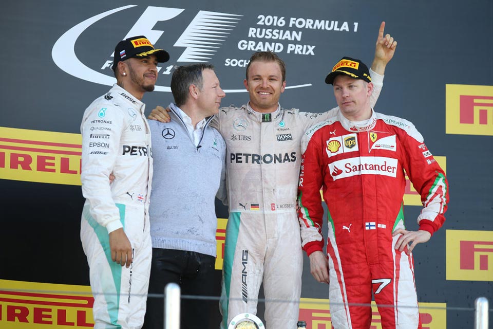 The top three finishers, Rosberg, Hamilton and Raikkonen