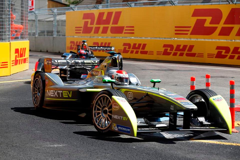 Formula E racecars on the track