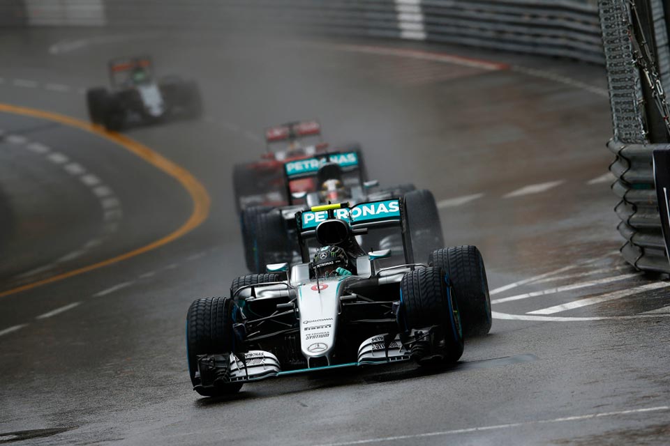 Hamilton with wet tires during the early part of the race