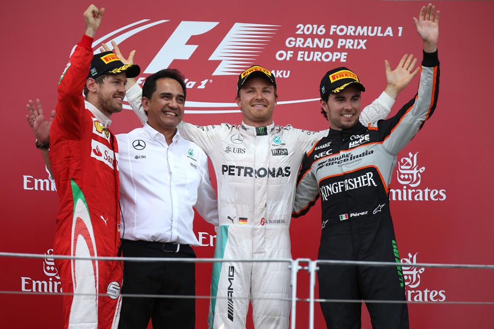 Rosberg, Vettel and Perez at the podium of the 2016 European Grand Prix