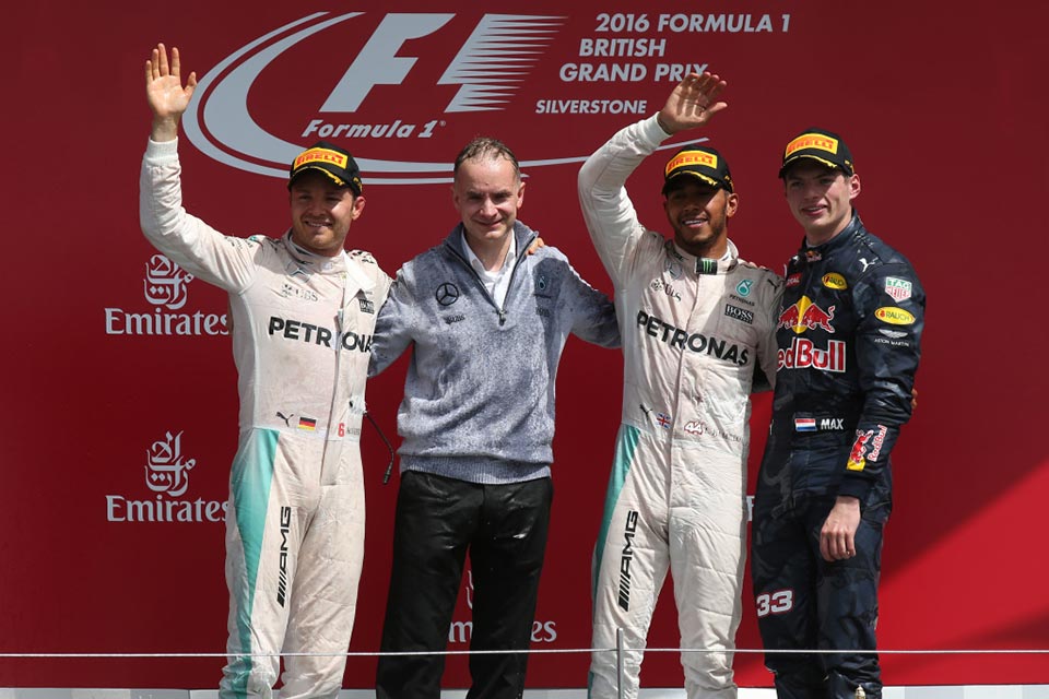 The podium finishers: Nico Rosberg, Lewis Hamilton and Max Verstappen