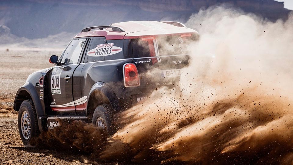The Mini JCW Rally kicking up some sand