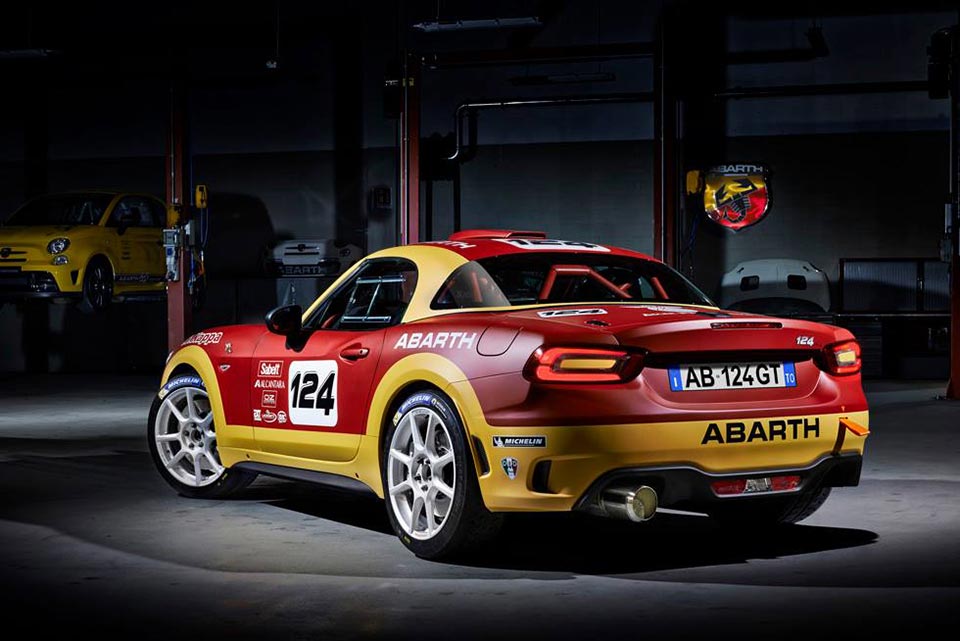 The Fiat 124 Abarth R-GT sitting in a garage
