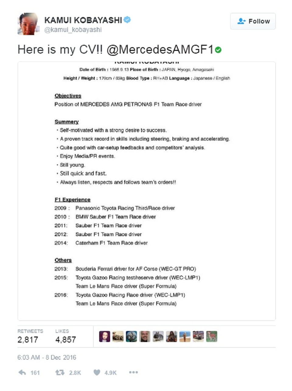 Kamui Kobayashi's CV as posted on his official Twitter account