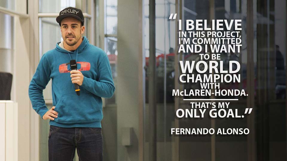 Fernando Alonso addressing the team at the team's UK HQ