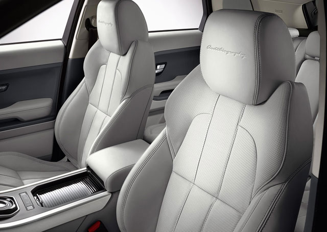 The interior of Range Rover Evoque Autobiography Dynamic that features an embossed Autobiography logo