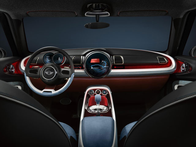 The interior of the Mini Clubman concept has a combination of a Nubuck leather in light sky blue, a rich berry red, and a black soft Nappa leather.
