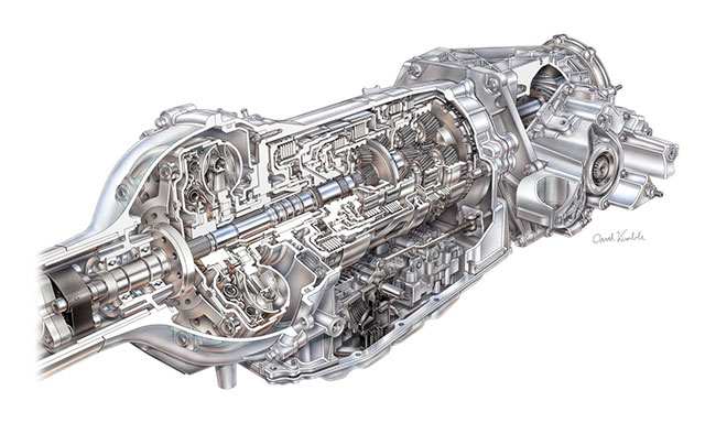 A cutaway rendering of the inside of the 8-speed gearbox