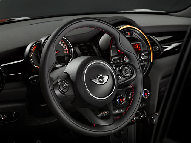 The steering wheel of the 2015 Mini John Cooper Works