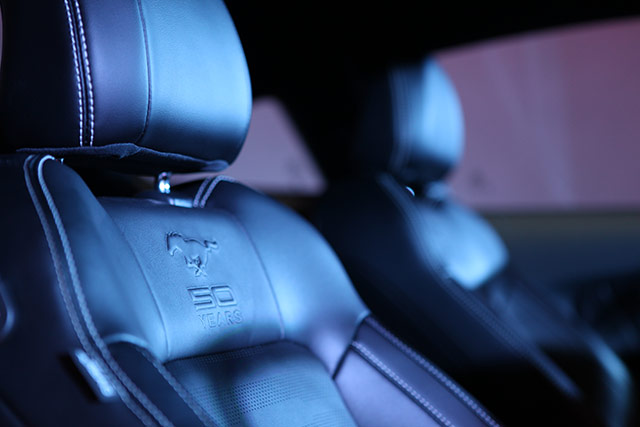 The 50 year embossed logo on the front seats found on the 50 years limited edition Mustang