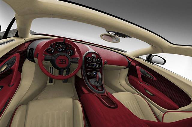 The red and beige interior of the Bugatti Veyron La Finale