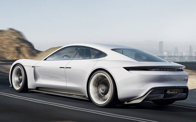 Rear quarter view of the Porsche Mission E concept