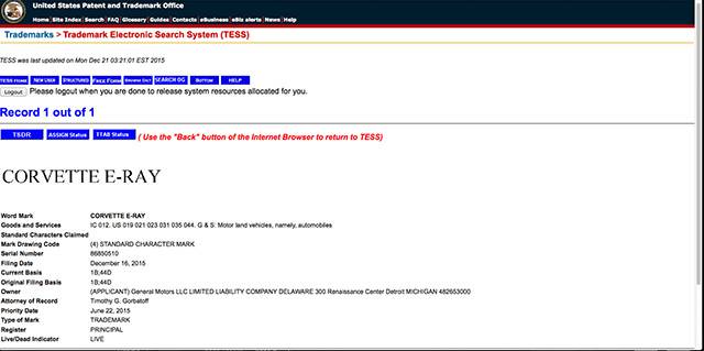 US Patent Office and Trademark for Corvette E-Ray