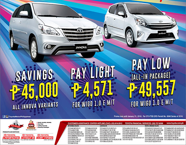 Special deals for all Innova variants, Wigo 1.0E M/T