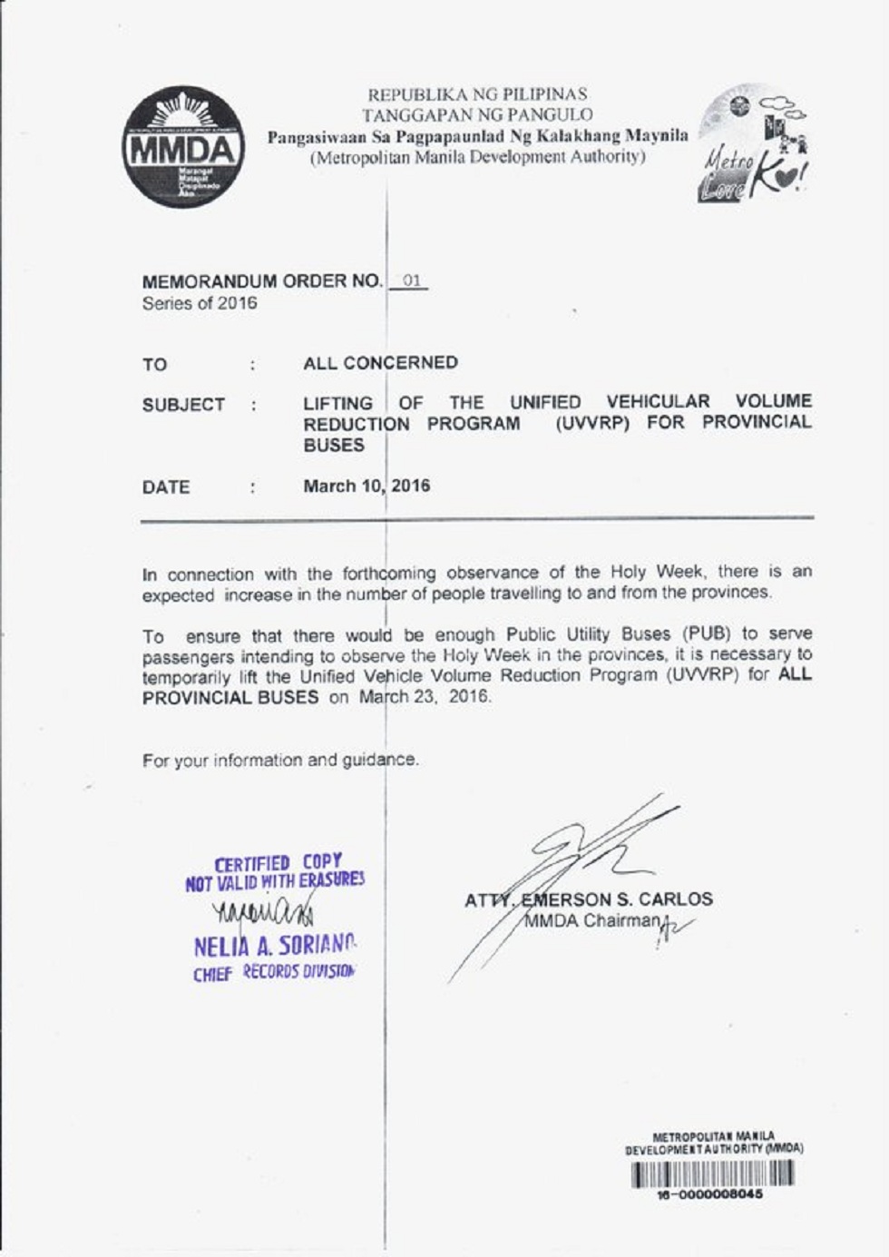MMDA suspends number coding scheme for provincial buses on March 23,2016