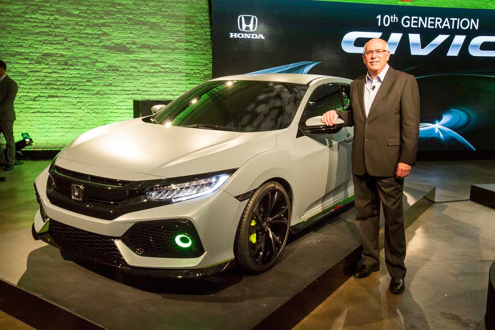 Jeff Conrad beside the 2017 Honda Civic Hatchback Civic Prototype