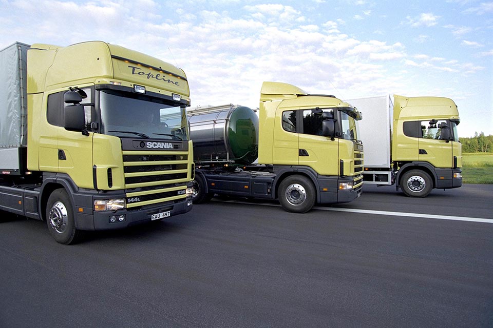A fleet of Scania trucks