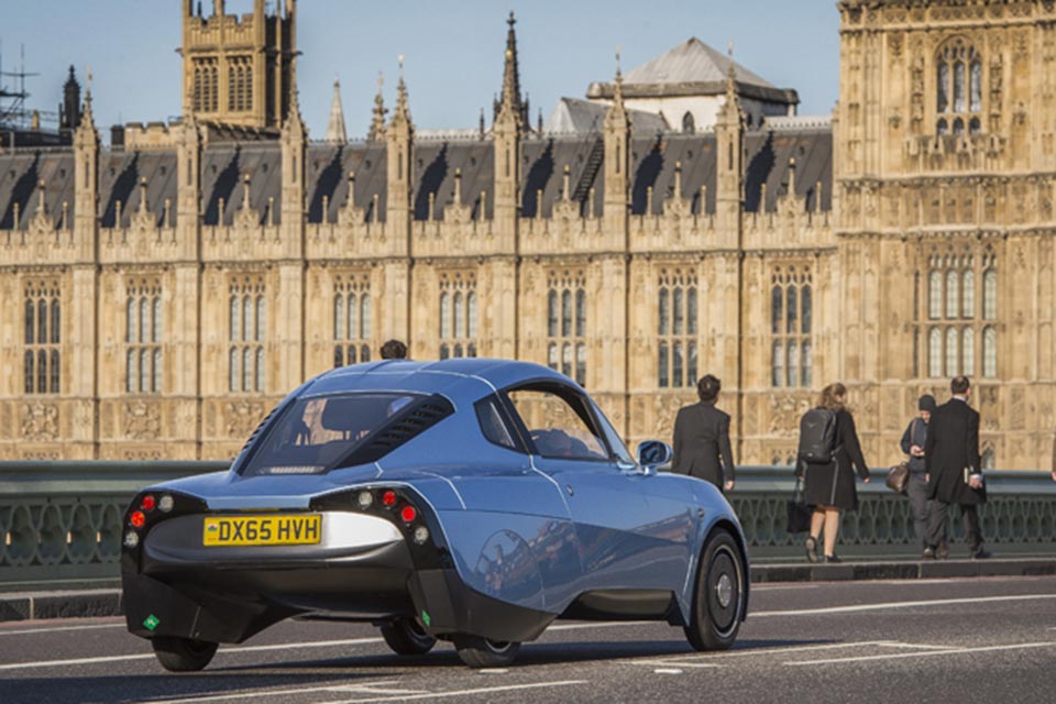 The Riversimple FCEV traveling along in London