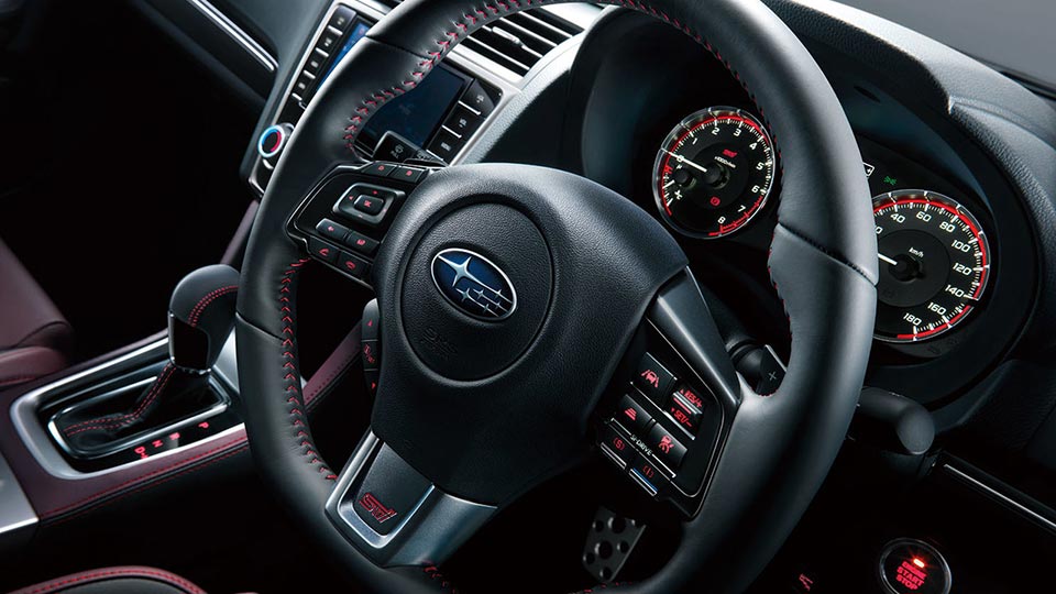 The leather-wrapped steering wheel on the Subaru Levorg STI Sport