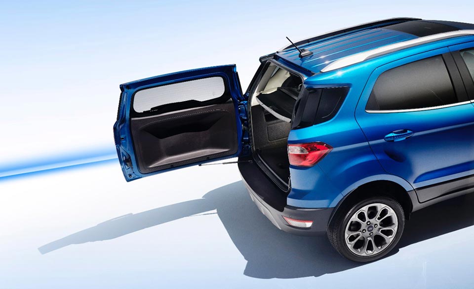 The rear-swing doors of the Ford EcoSport, minus the rear-mounted spare tire