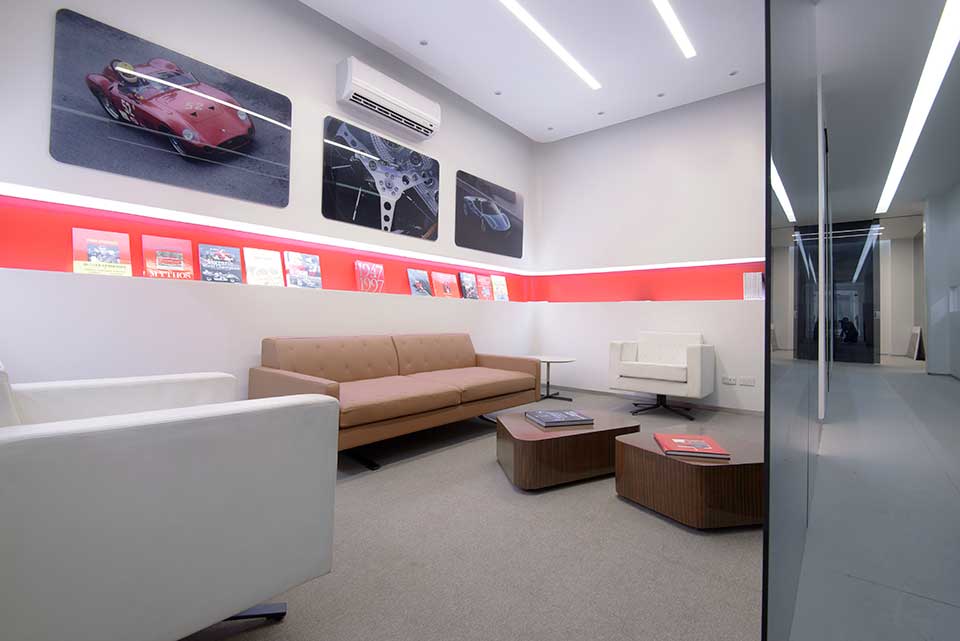The lounge area for customers at the new Autostrada Ferrari-Maserati service center
