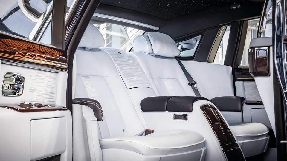 The white interior and nautical-theme of the final Rolls-Royce Phantom VII