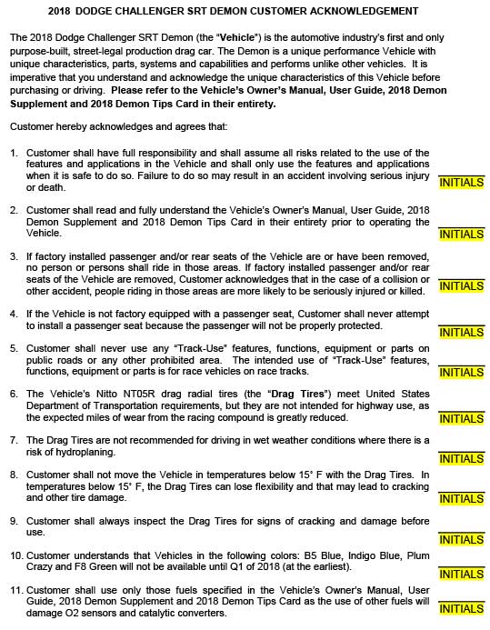 Dodge requires Demon owners to sign waiver before delivery