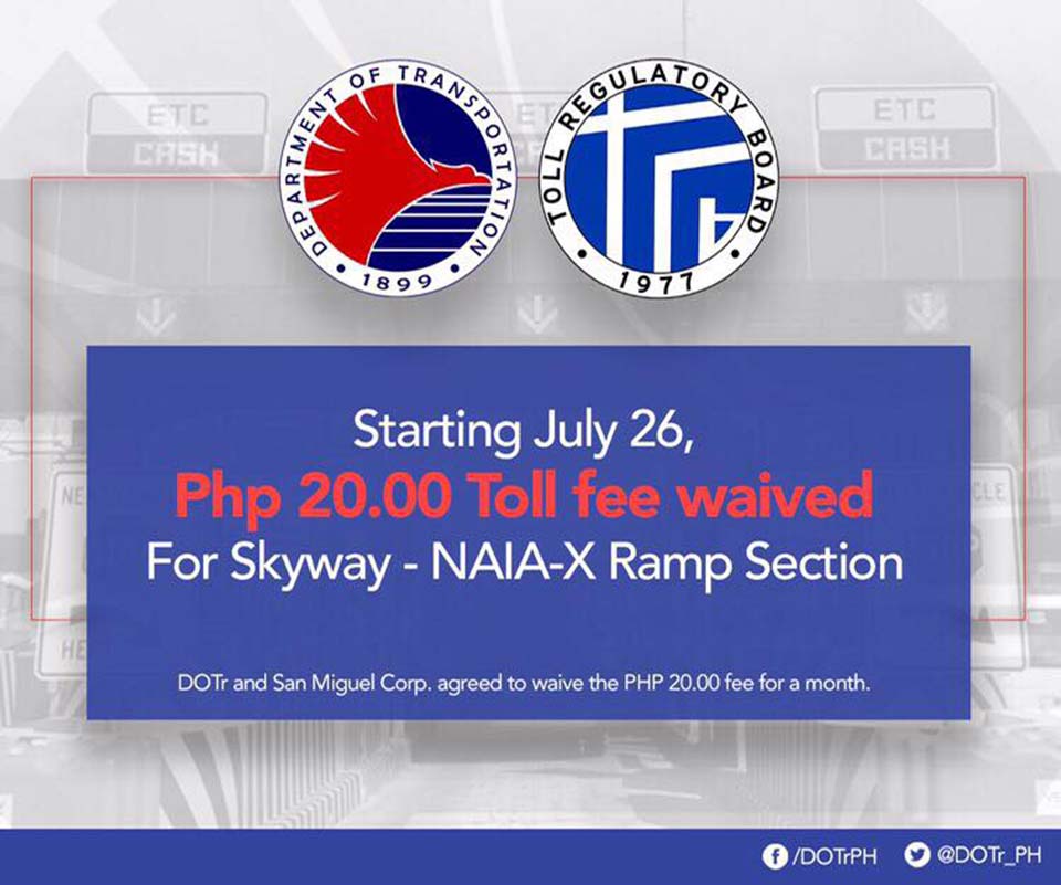 DOTr, San Miguel waive PhP 20 from Skyway to NAIAX toll fee