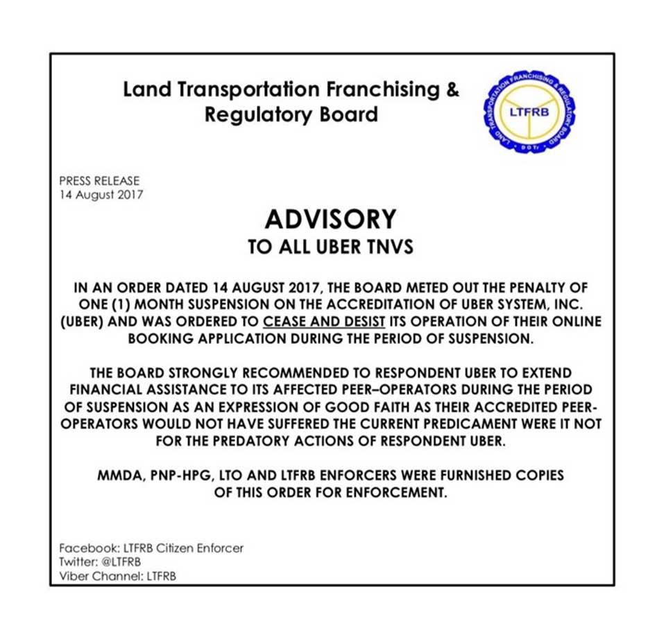 LTFRB shuts down Uber for one month