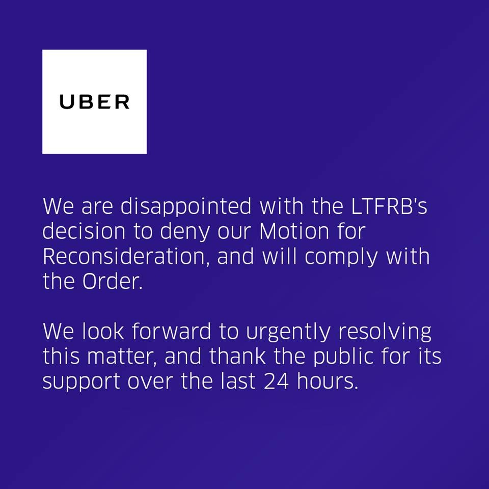 LTFRB upholds Uber suspension after motion for reconsideration