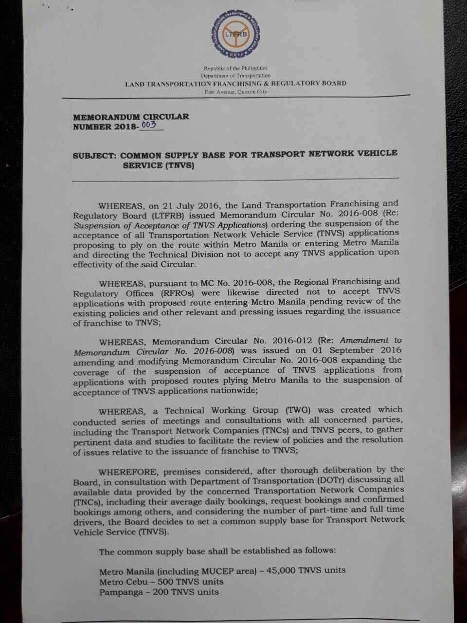 Ride-sharing apps have to 'share' 45,700 TNVS units, says LTFRB