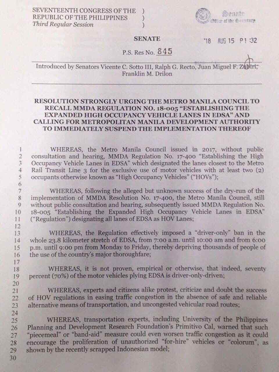 Senators call for suspension of MMDA's driver-only ban on EDSA