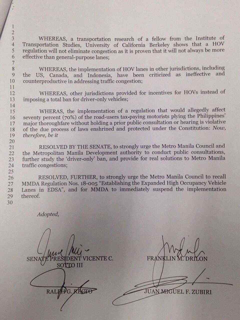 Senators call for suspension of MMDA's driver-only ban on EDSA